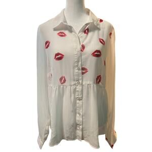 NWOT Material Girl Lips Kisses Sheer Blouse L